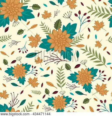 Autumn Flower Chrysanthemum And Leaves Seamless Vector Pattern