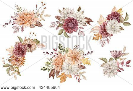 Watercolor Collection Of Fall Floral Bouquets. Crimson, White And Orange Asters And Chrysanthemums A