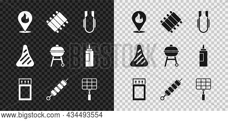 Set Location With Fire Flame, Grilled Pork Bbq Ribs, Meat Tongs, Matchbox And Matches, Shish Kebab, 