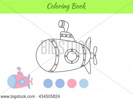 Coloring Book Submarine Ship For Children. Educational Activity Page For Preschool Years Kids And To