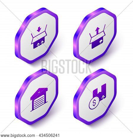 Set Isometric Carton Cardboard Box, Unboxing, Warehouse And Icon. Purple Hexagon Button. Vector