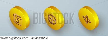 Set Isometric Line Target Sport, Sniper Optical Sight And Swiss Army Knife Icon. Vector