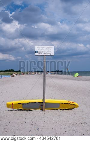 Dahme, Germany - July 27, 2021: Sign Indicating Beginning Of Nudist Beach.