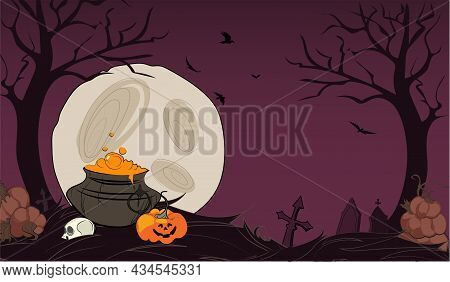 Happy Halloween Banner Or Party Invitation Background With Clouds, Bats And Pumpkins In Paper Cut St