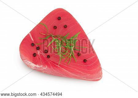 Fresh Tuna Fish Fillet Steak With Rosemary And Peppercorns Isolated On White Background With Clippin
