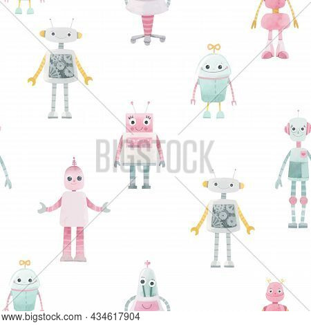 Beautiful Seamless Baby Girl Pattern With Cute Hand Drawn Watercolor Robots. Stock Illustration. Aut