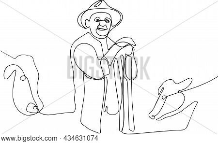 Mature Farmer Posing In A Cowshed. Vector Illustration