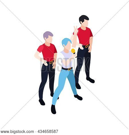 Isometric Icon With Three Kpop Band Participants With Microphone Vector Illustration