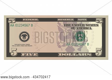 Five Dollars Without A Portrait Of Linkoln. 5 Us Dollars Banknote. Template Or Mock Up For A Souveni