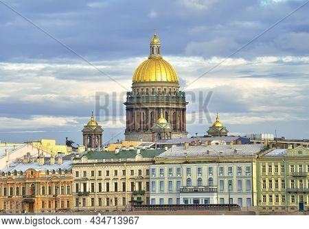 The Dome Of St. Isaac's Cathedral. Facades Of Houses On The English Embankment, Architecture Of The 