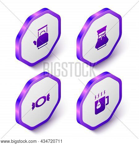 Set Isometric Kettle With Handle, Pour Over Coffee Maker, Candy And Cup Tea Bag Icon. Purple Hexagon