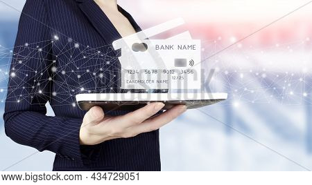 Online Payment, Financial Futuristic And Technology, Credit Card Are Design Up. Hand Hold White Tabl