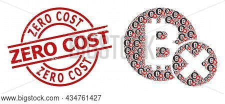 Red Round Stamp Seal Includes Zero Cost Text Inside Circle. Vector Reject Bitcoin Collage Is Constru