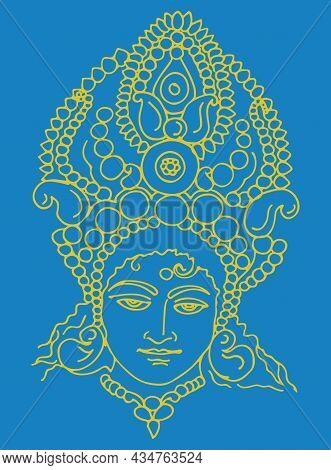 Sketch Of Goddess Durga Matha Or Chamundi Closeup Face Editable Outline Illustration