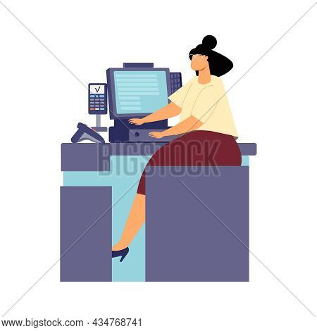 Woman At Store Cashier Desk Flat Icon On White Background Vector Illustration