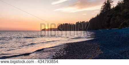 Sandcut Beach On The West Coast Of Pacific Ocean. Summer Sunny Sunset. Canadian Nature Landscape Bac