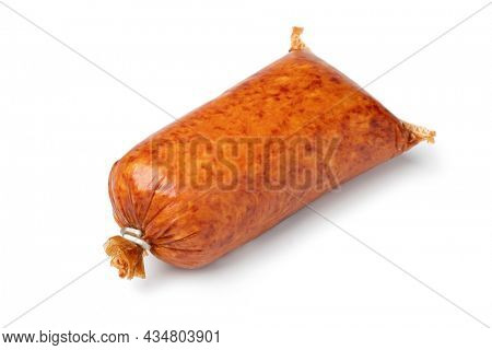 Single traditional German grob Teewurst, coarsely ground sausage, isolated on white background
