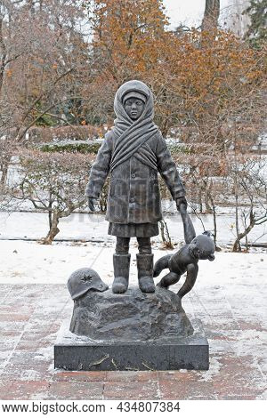 Volgograd, Russia - December 29, 2020: Monument To A Girl With A Teddy Bear Called 
