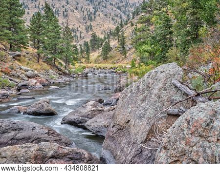 Poudre River and Canyon in early fall scenery above Fort Collins in northern Colorado