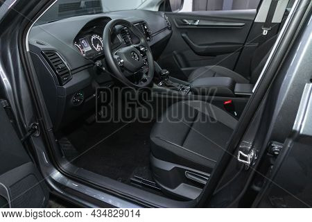 Novosibirsk, Russia - September 25 2021: Skoda Karoq  ,  Car Interior With Dashboard, Steering Wheel