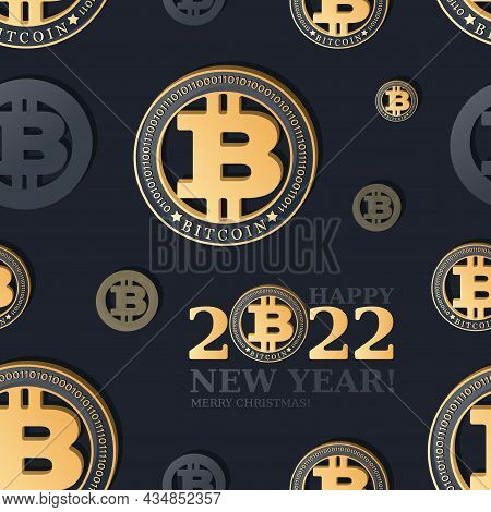 Bitcon 2022. Digital Symbol. Vector Festive Background. Crypto Currency Coin On Black Background.