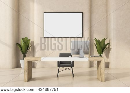 Horizontal Canvas On Beige Wall Of Minimalist Office Interior With Wood Desk, Having White Detail An