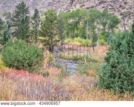 Poudre River and Canyon in early fall scenery above Fort Collins in northern Colorado