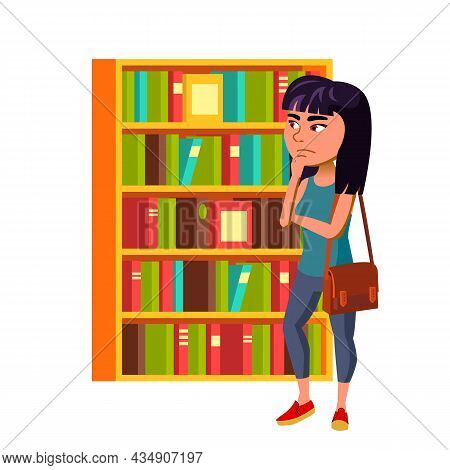 Girl Teenager Thinking And Choosing Book Vector. Asian Chinese Lady Teen Think And Choose Book In Li