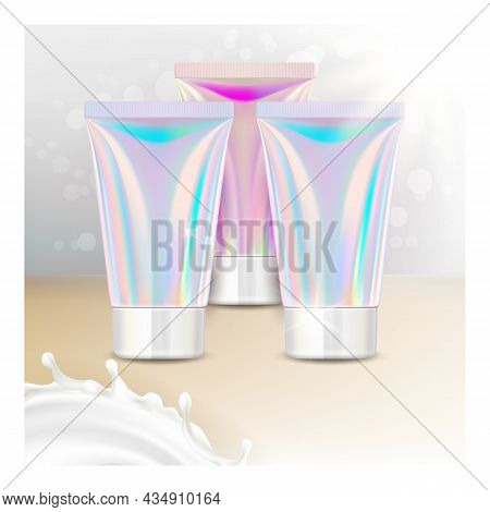 Moisture Hand Cream Promotional Poster Vector. Moisturizing Hand Cream Blank Tube Package And Milky 