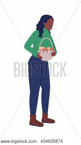 Woman Carry Basket With Mushrooms Semi Flat Color Vector Character. Posing Figure. Full Body Person 