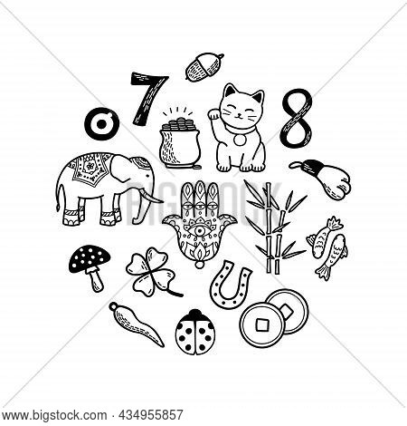 Good Luck And Fortune Symbols Set. European And Asian Talismans And Charms Doodle Vector Illustratio