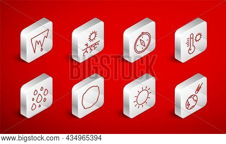 Set Line Comet Falling Down Fast, Drought, Compass, Meteorology Thermometer, Sun, Icicle, Moon And W