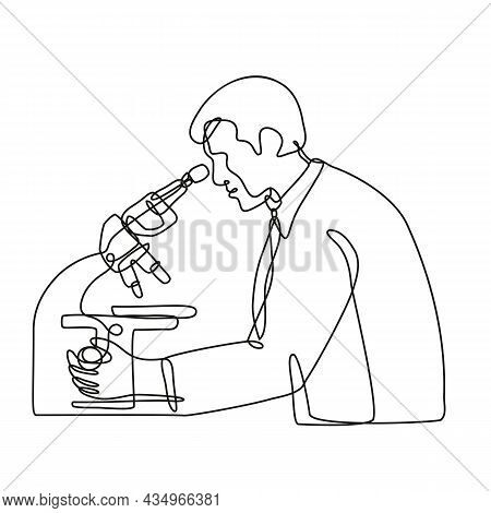 Continuous Line Drawing Illustration Of A Microbiologist Studying A Virus With A Microscope Done In 