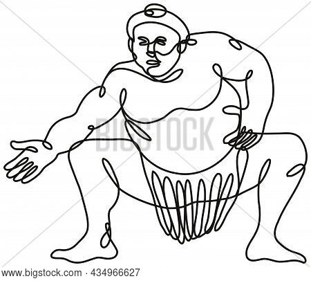Continuous Line Drawing Illustration Of A Sumo Wrestler Or Rikishi In Fighting Stance Front View Don