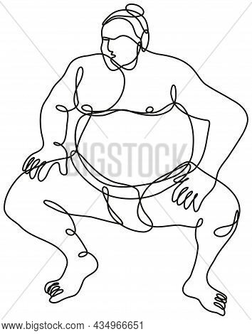 Continuous Line Drawing Illustration Of A Sumo Wrestler Or Rikishi In Fighting Stance Front View Don