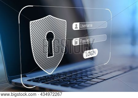 Close Up Of Notebook With Glowing Username And Password Interface On Blurry Background. Information,