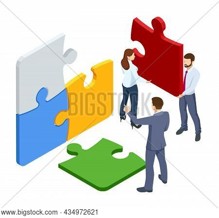 Isometric Teamwork With Puzzle, Teamwork, Cooperation, Partnership Concept. Collaboration, Unity As 