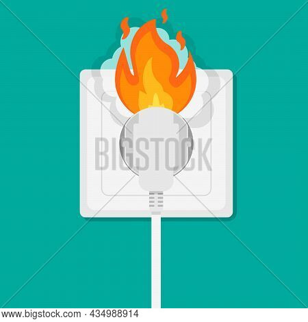 Fire Wiring. Socket And Plug On Fire From Overload. Electrical Safety Concept. Short Circuit Electri
