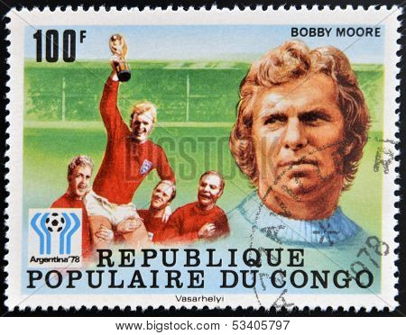 stamp printed in Congo dedicated to the World Cup in Argentina 1978 shows Bobby Moore