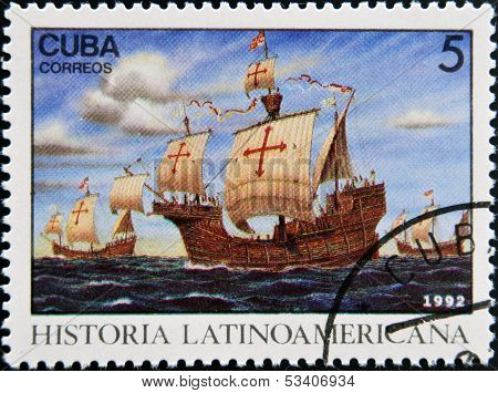 stamp dedicated to Latin American history shows Three ships stopping at Canary Islands