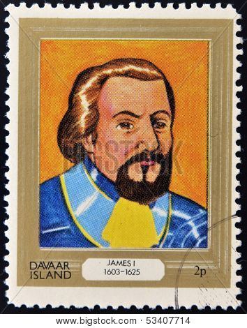 stamp printed in Davaar Island dedicated to the kings and queens of Britain shows King James I