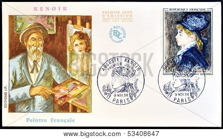 A stamp printed in France shows the work 