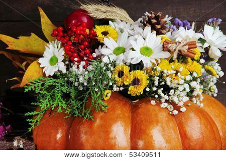 Beautiful autumn composition in pumpkin on wooden background