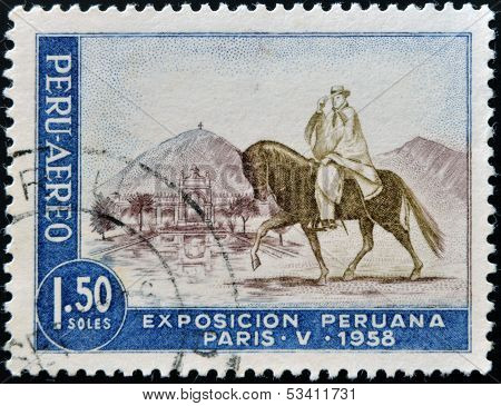 A stamp printed in Peru dedicated to Peruvian Exhibition Paris shows Chalan with Peruvian Paso Horse