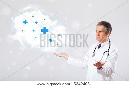 Proffesional doctor listening to abstract cloud with medical signs