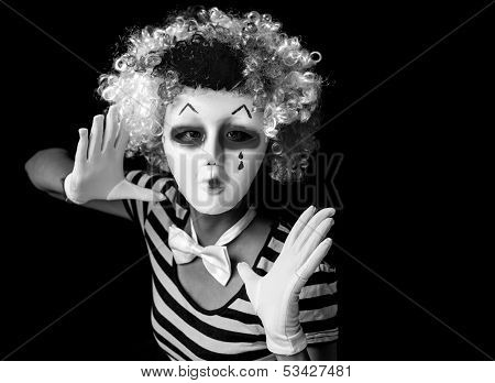 Scary Mime Wearing Mask And Clown Wig