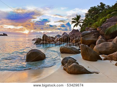 Seychelles Tropical Beach At Sunset