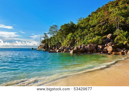 Seychelles Tropical Beach At Sunset