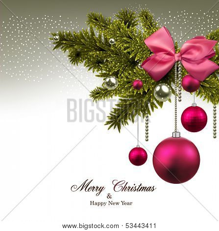 Christmas background with fir twigs and magenta balls. Vector illustration. 