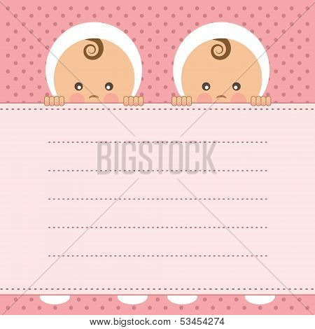 Baby girl twins announcement card. Vector illustration.